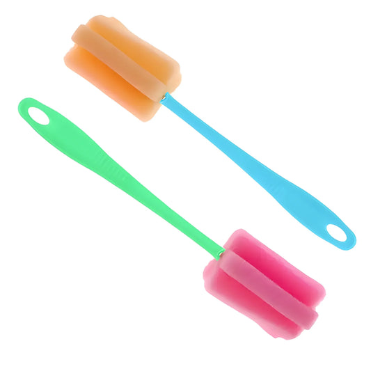 Bottle brush with green handle and pink, orange, and blue scrubbing heads