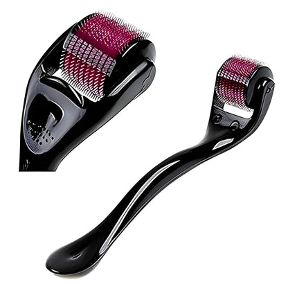 Facial dermaroller with magenta micro-needle roller head and black handle