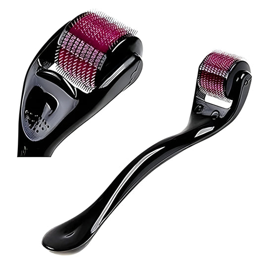 Facial dermaroller with magenta micro-needle roller head and black handle