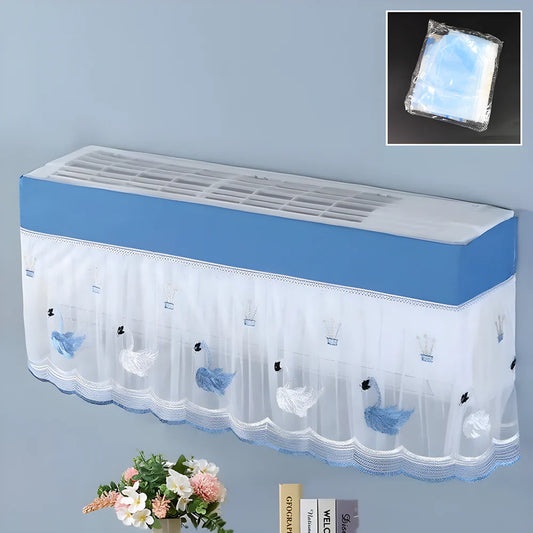 Split air conditioner cover with blue top and white ruffled print skirt