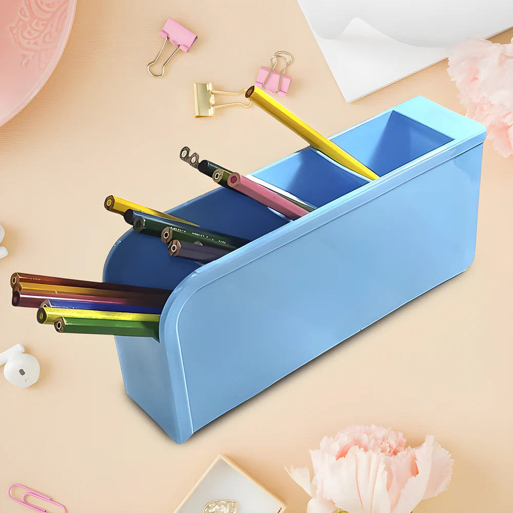 Blue desk storage organizer tray with open slots for office supplies