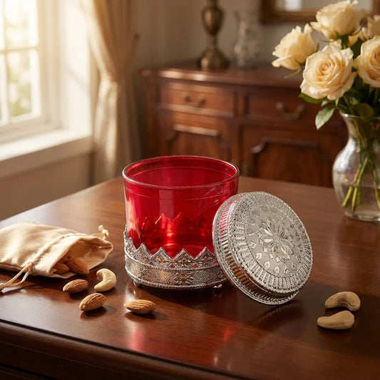 Diamond design dry fruit storage box with red glass jar and silver patterned lid