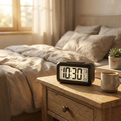 Digital alarm clock with black case and white LCD showing 11:30 AM/PM and date