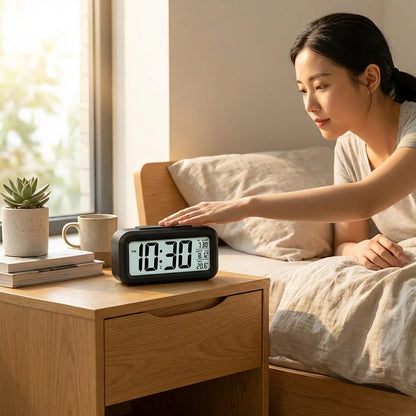 Digital alarm clock with black frame and white LCD showing 11:30 and date