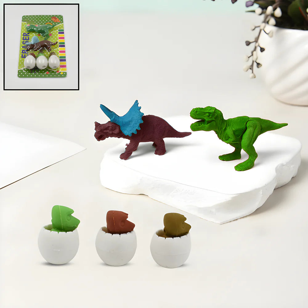 Dinosaur-shaped eraser set with three egg erasers and two dinosaur figures