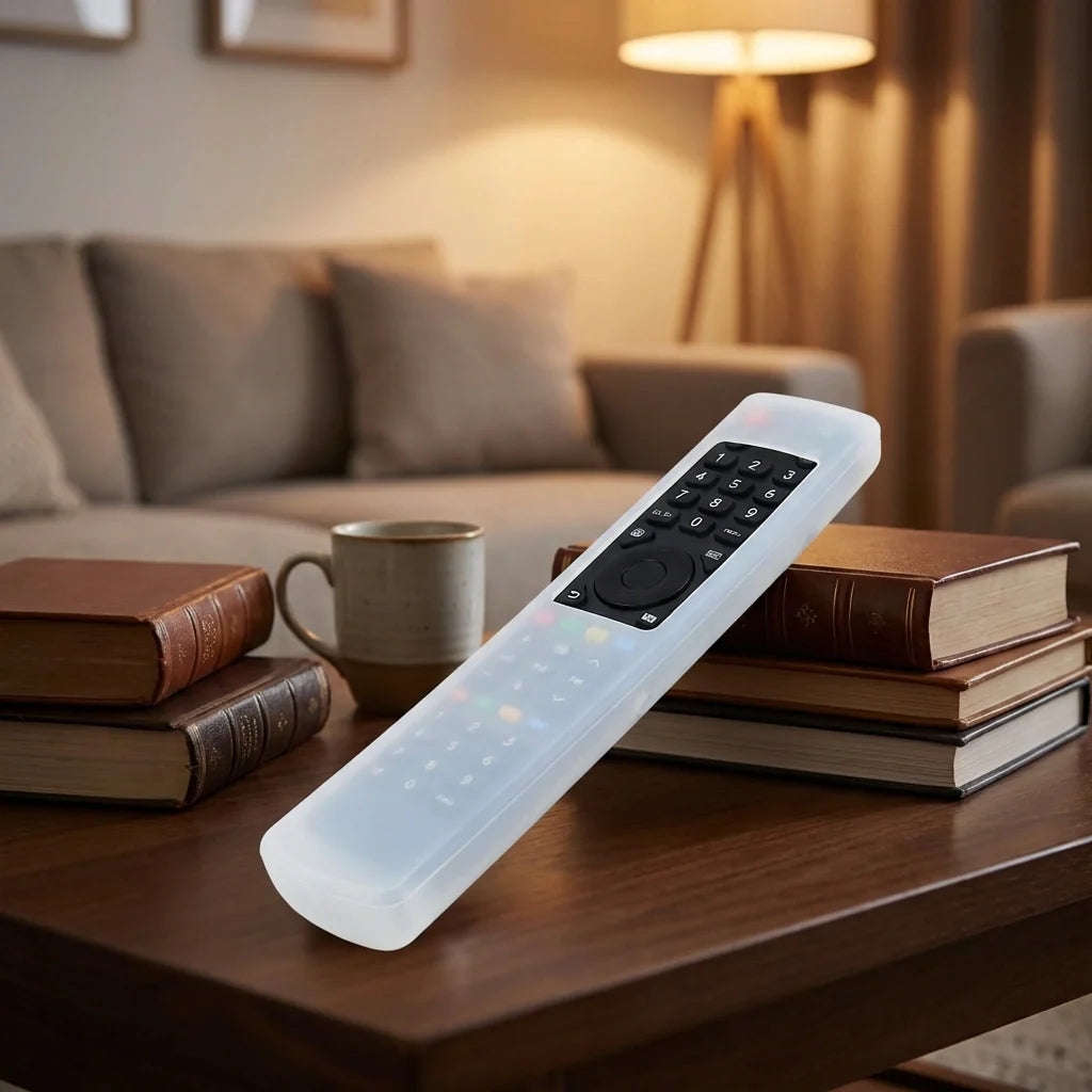 Translucent light blue remote protective cover with button cutouts and lens area