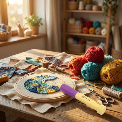 DIY craft punch needle set with purple punch tool, yarn balls, and completed embroidery hoop