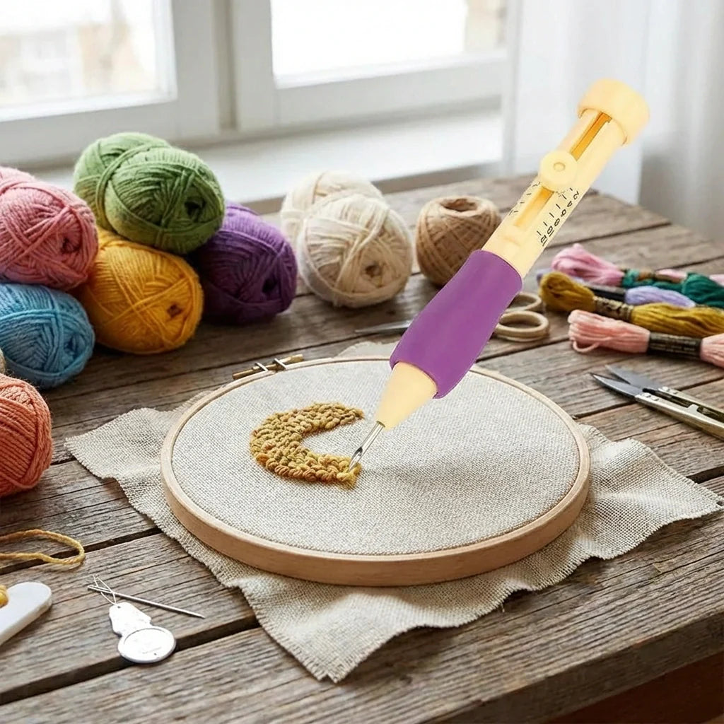 DIY craft punch needle set with purple handle punch tool, yarn balls, and hoop with stitches