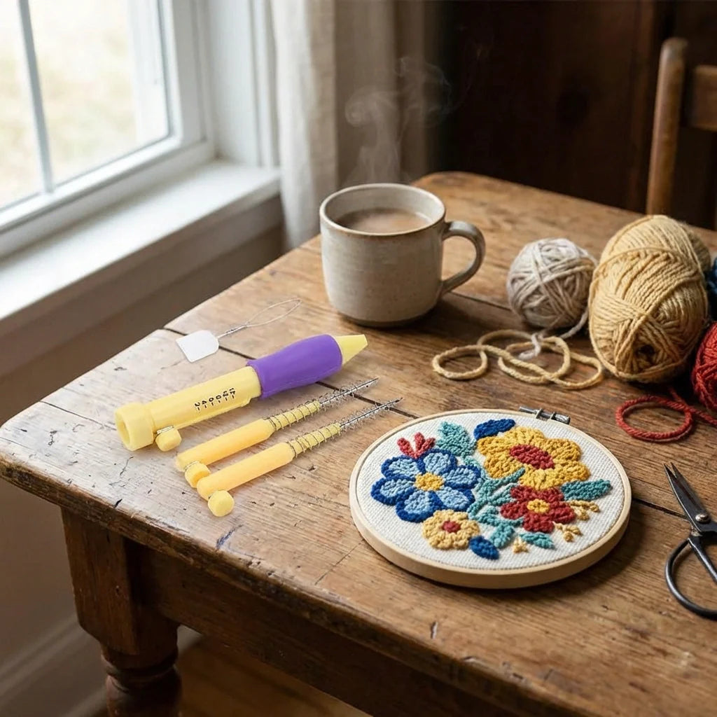DIY craft punch needle set with purple-handled tools, embroidery hoop and yarn skeins
