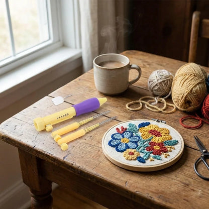 DIY craft punch needle set with purple-handled tools, embroidery hoop and yarn skeins