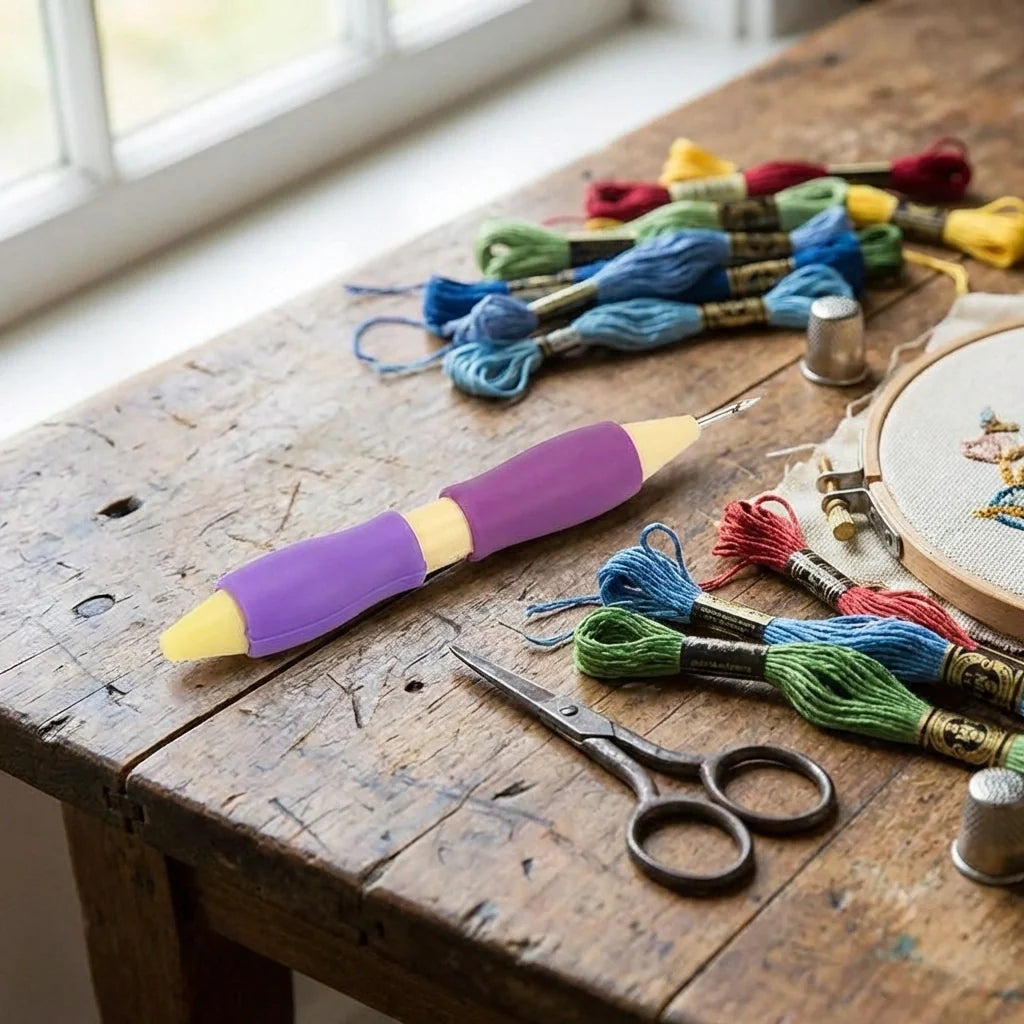 DIY craft punch needle set tools with multicolor yarn and metal scissors near an embroidery hoop