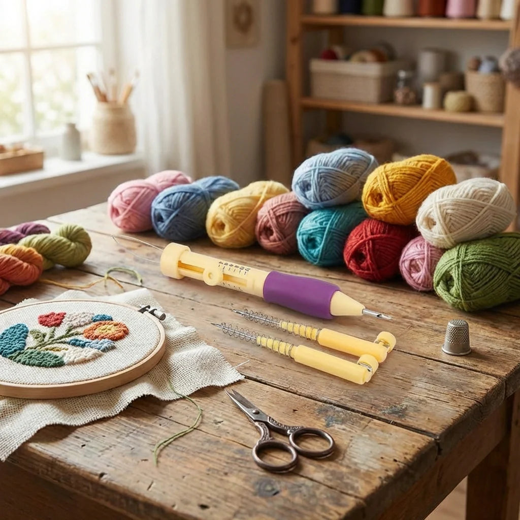 DIY craft punch needle set tools with yarn balls, scissors, and an embroidery hoop