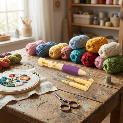 DIY craft punch needle set tools with yarn balls, scissors, and an embroidery hoop