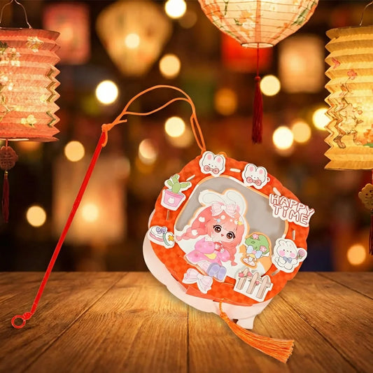 Decorative orange DIY paper lantern with handle and cartoon-style front panel
