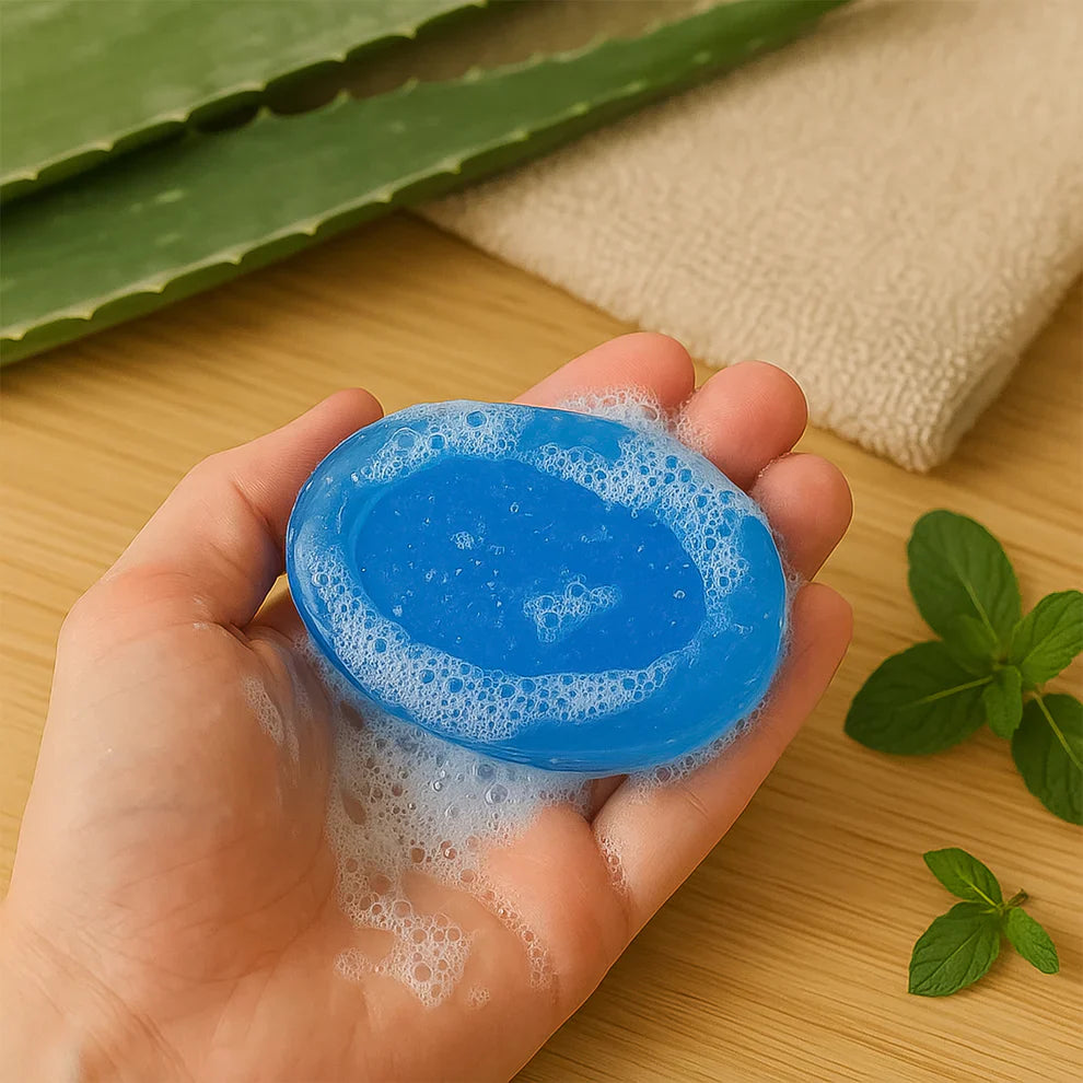 Blue round aqua soap bar with bubbles, held in hand