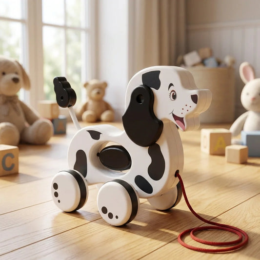Pull-along toy dog, black-and-white spots, red pull string, on wheels