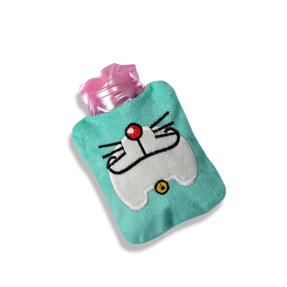 Small hot water bag cover, turquoise plush with cartoon face and pink cap