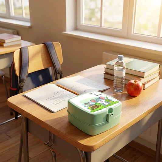 Double-layer square lunch box, mint green with cartoon lid and carry handle