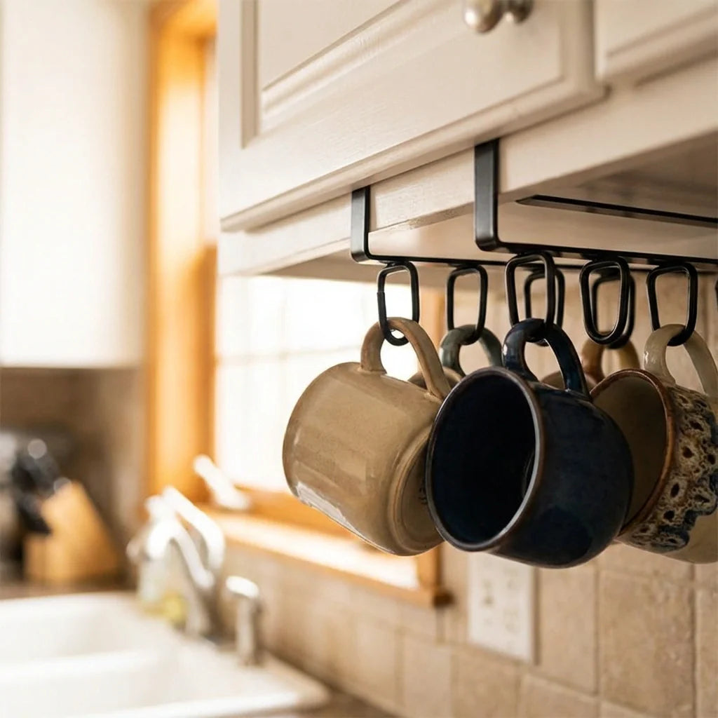 Double-row iron pot hanger with 6 black hooks holding four hanging mugs