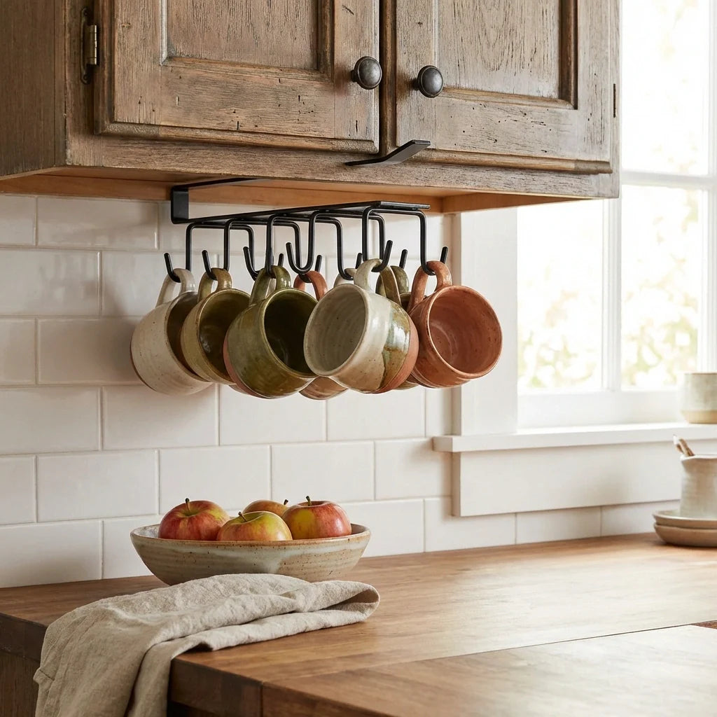 Double-row iron pot hanger with 6 black hooks holding green, white, and brown mugs