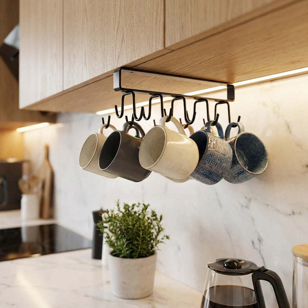 Double-row iron pot hanger with 6 black hooks displaying mugs in multiple colors