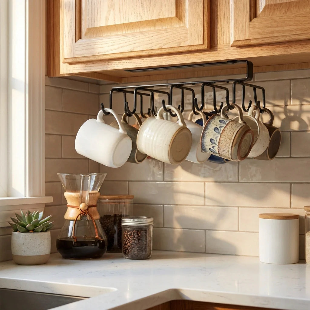 Double-row iron pot hanger with 6 black hooks holding white and patterned mugs