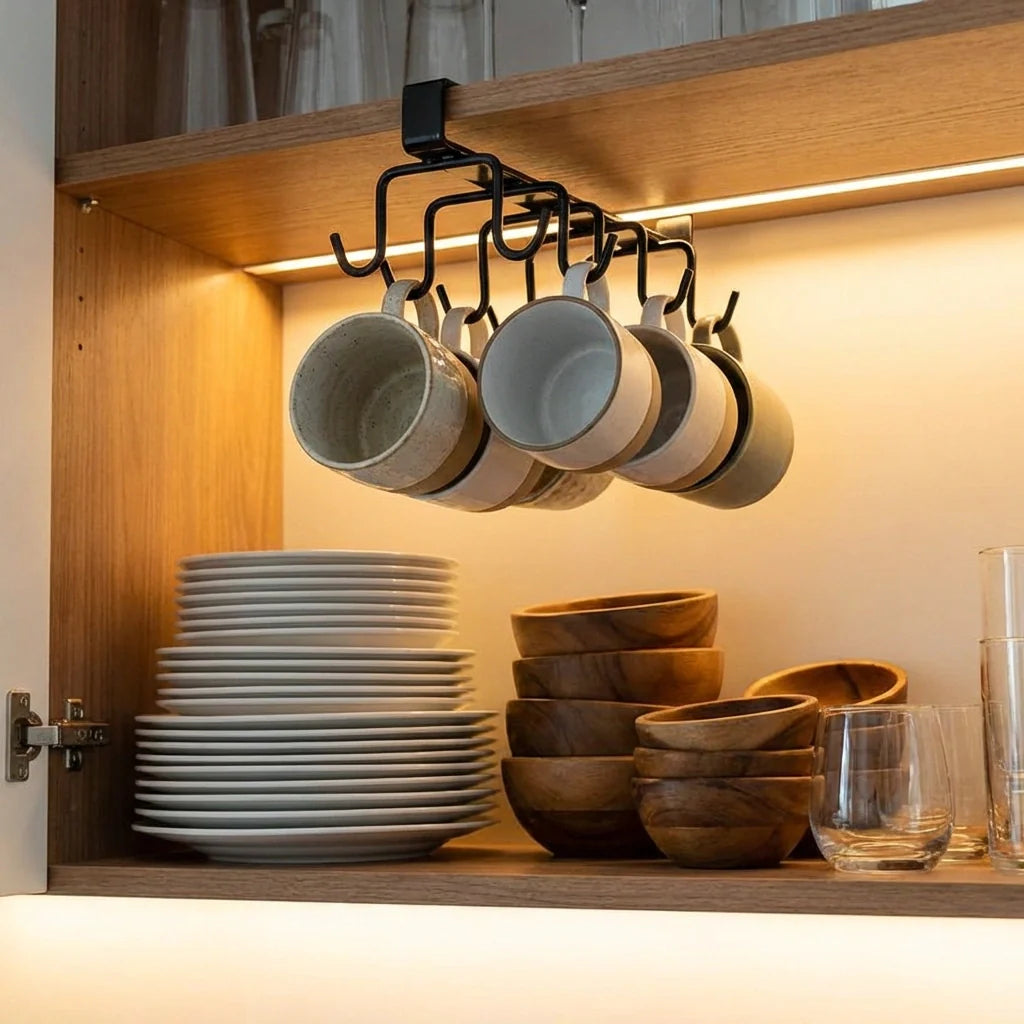 Double-row iron pot hanger with 6 black hooks holding gray and blue mugs