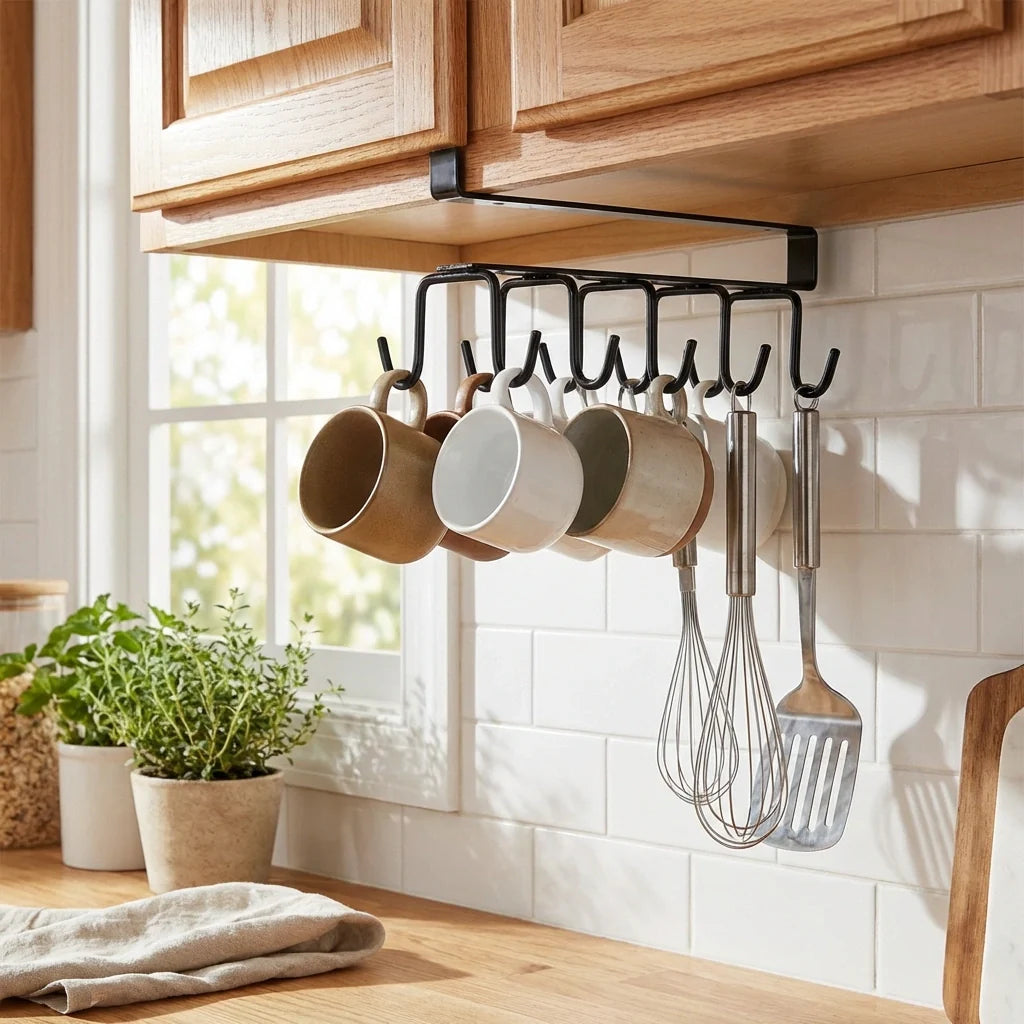Double-row iron pot hanger with 6 black hooks holding assorted mugs and cups