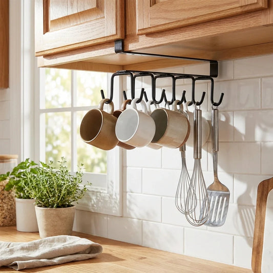 Double-row iron pot hanger with 6 black hooks holding assorted mugs and cups