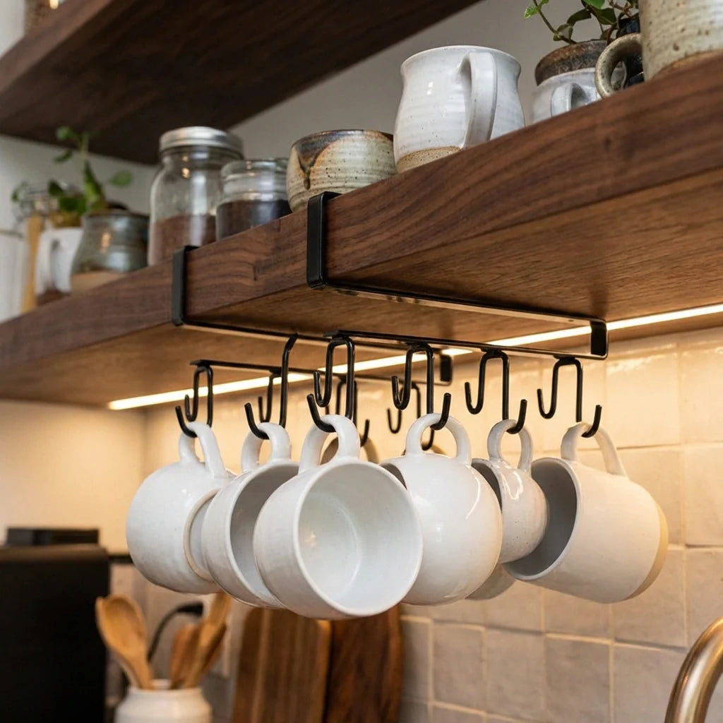 Double-row iron pot hanger with 6 black hooks holding white mugs