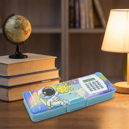 Blue magnetic pencil box with cartoon space print, open to reveal organizer tray and calculator