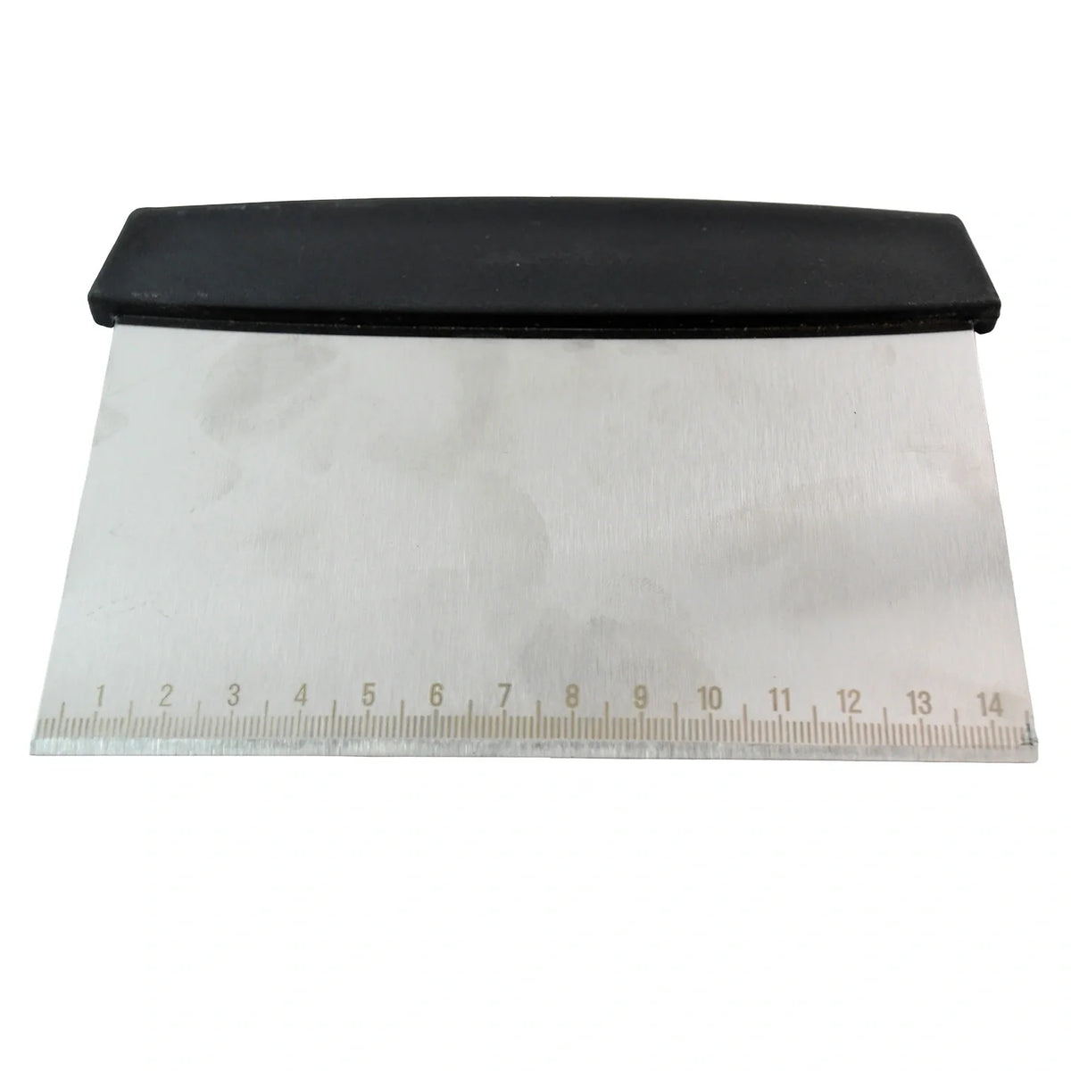 Steel dough scraper and cutter with black handle, includes measurement edge