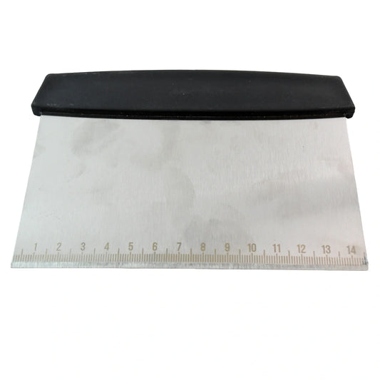 Steel dough scraper and cutter with black handle, includes measurement edge