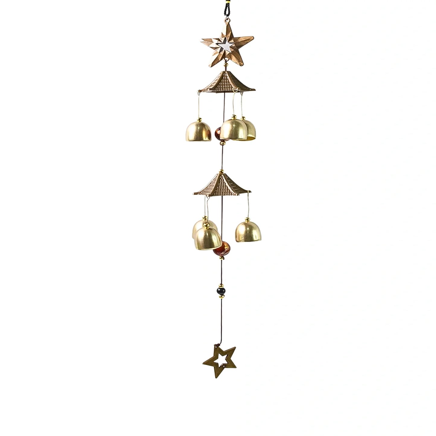 Golden metal wind chime with star ornaments and hanging bells