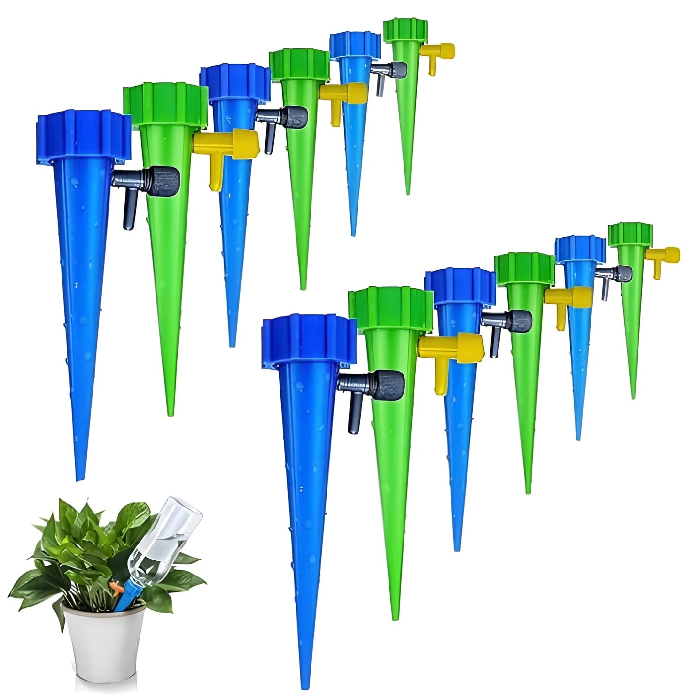 Drip irrigation kit with multiple colored stake emitters and yellow connectors
