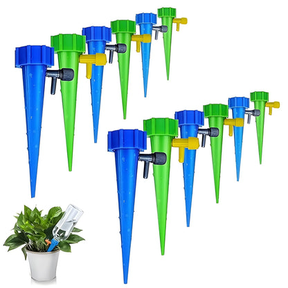Drip irrigation kit with multiple colored stake emitters and yellow connectors