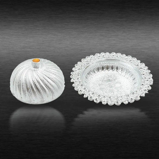 White embossed dry fruit storage box with lid and orange finial knob
