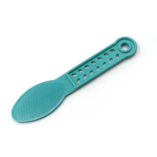 Teal foot exfoliator with oval textured pad and perforated scraper handle