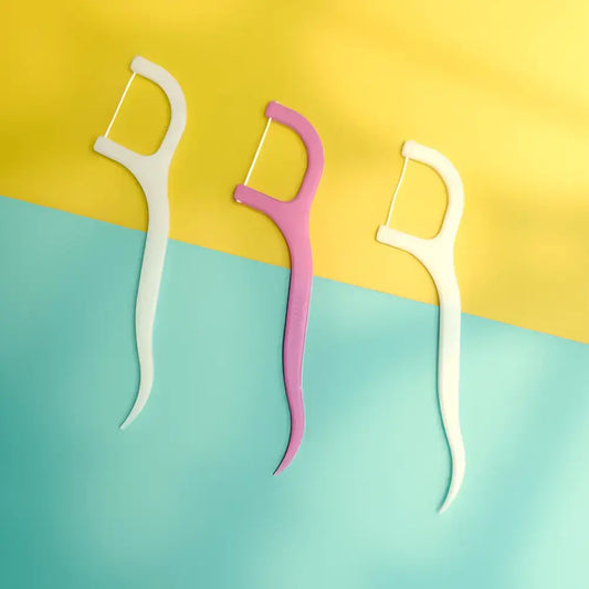 Dual floss and toothpick sticks, three dental picks in white and purple