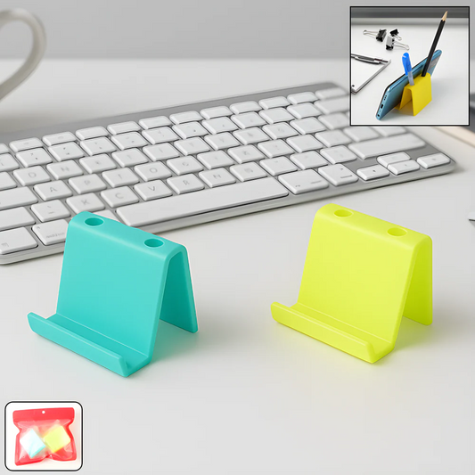 Dual-use desk organizer stand, teal and yellow with open slots for items