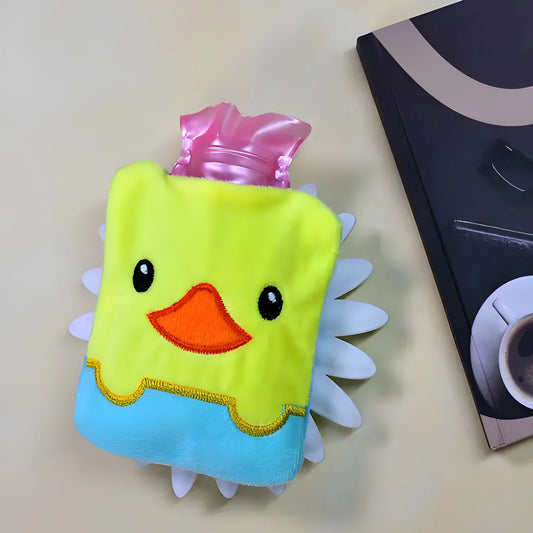 Duck hot water bottle with plush cover, neon green duck face and blue wing panels
