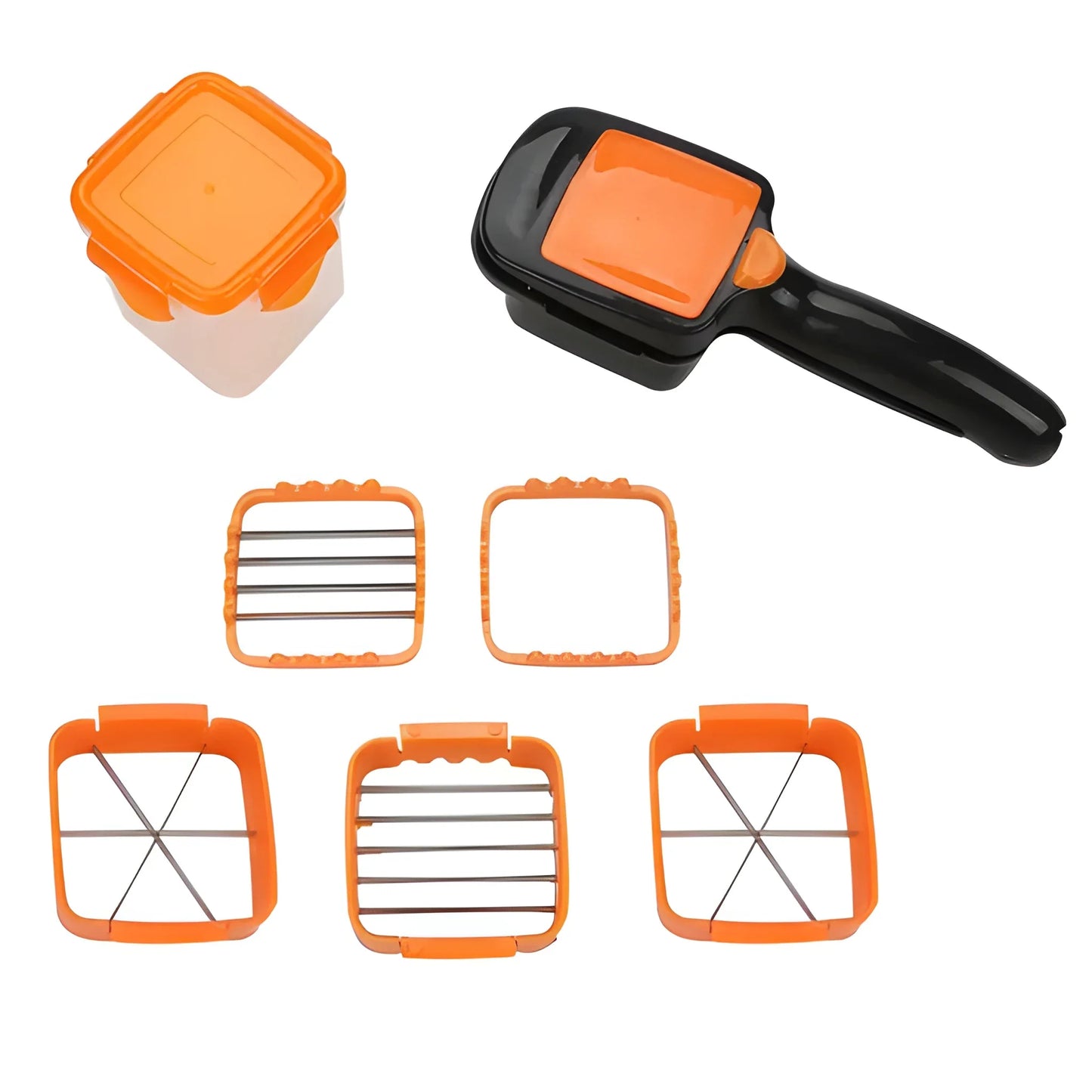 Vegetable chopper with orange storage container and slicing blades, black handle