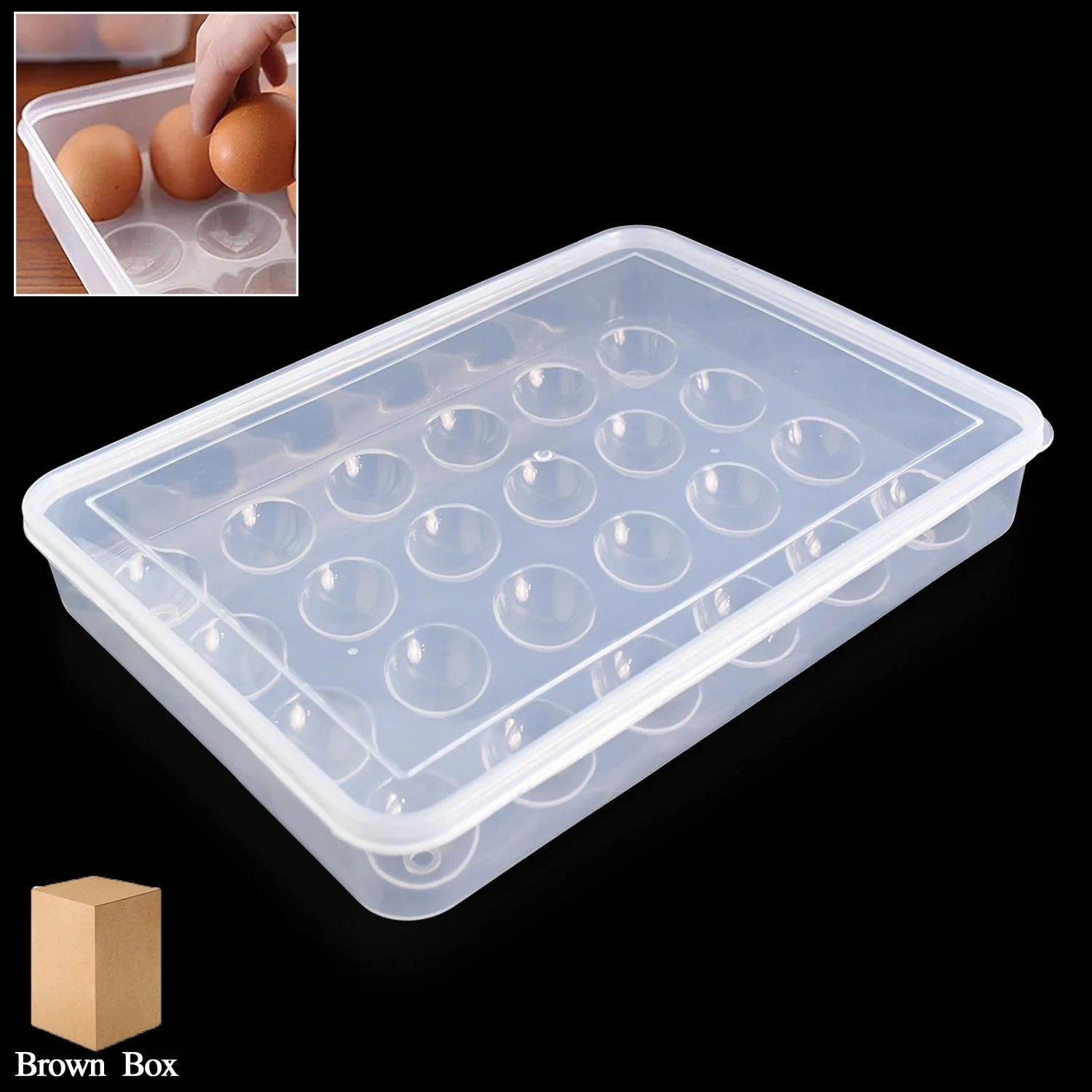Clear plastic egg storage container with 24 round compartments and hinged lid