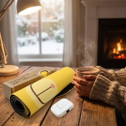 Yellow electric heating mouse pad with smile-face print and plug-in control module