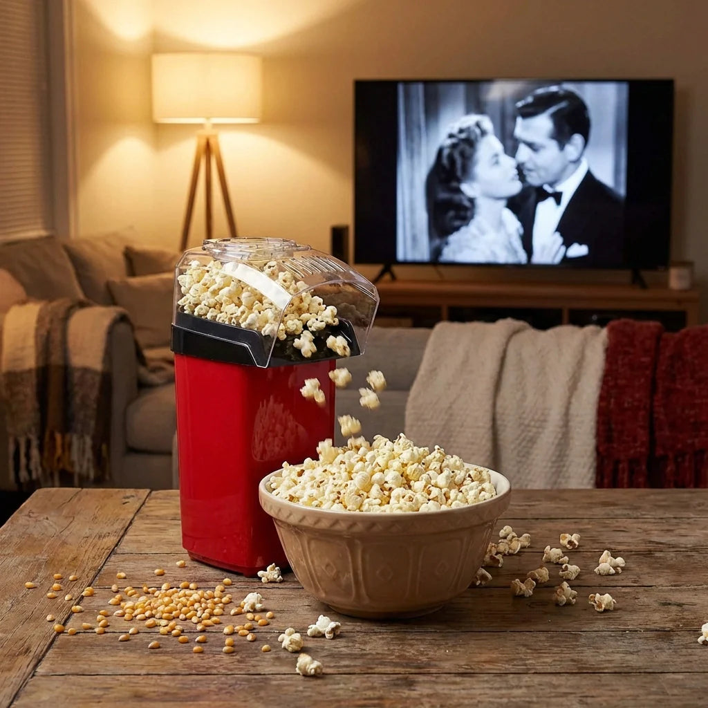 Red electric popcorn maker with clear lid and bowl of popcorn