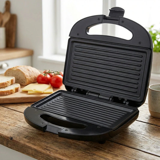 Black electric sandwich maker with open grilling plates and handle