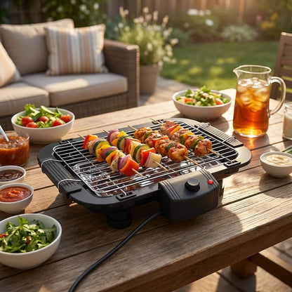 Electric tandoori BBQ grill with kebabs on grill grate and skewers