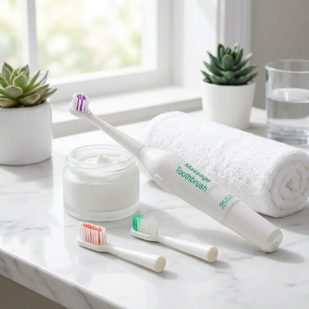 Electric toothbrush with replacement brush heads and cap, white handle, purple bristles