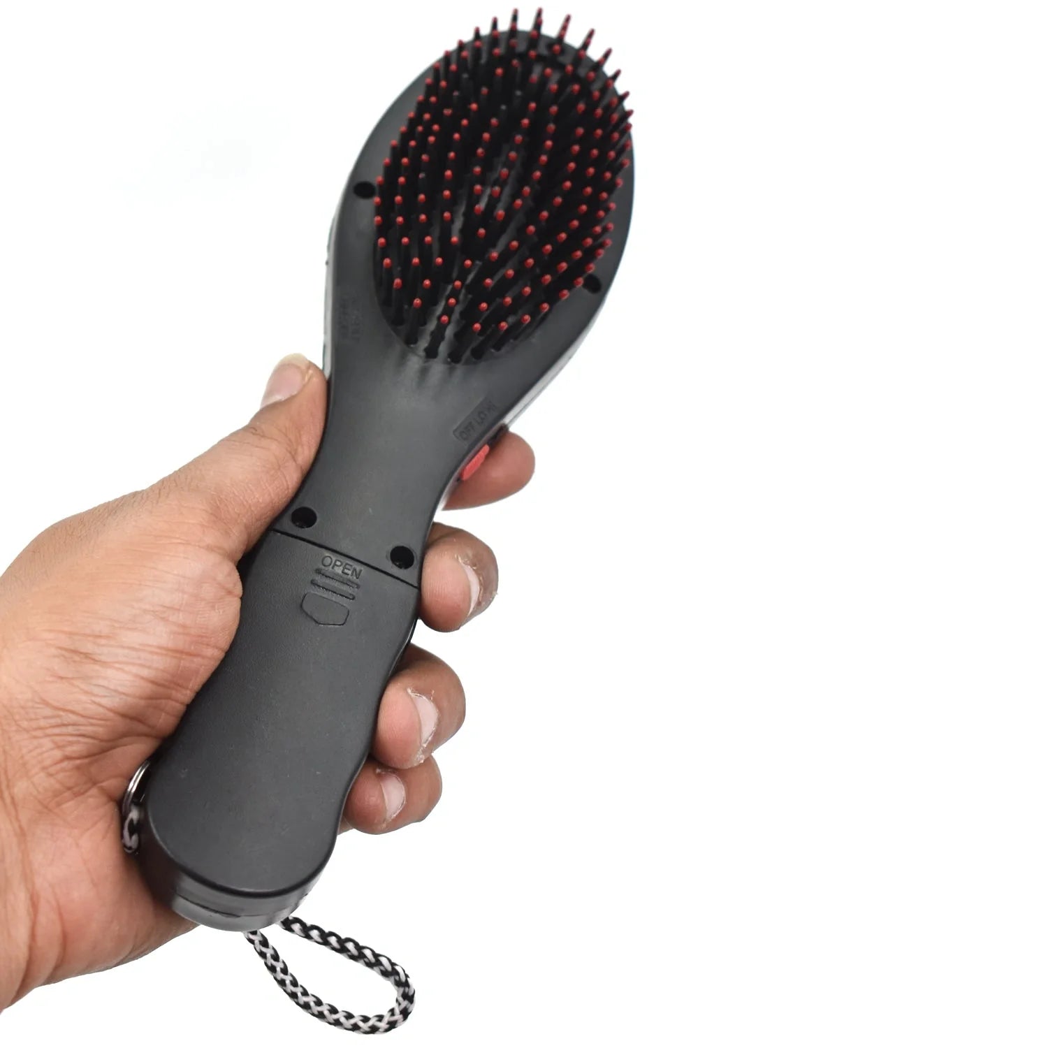 Electric vibrating hair massager comb with rounded pin brush head, dark gray handle