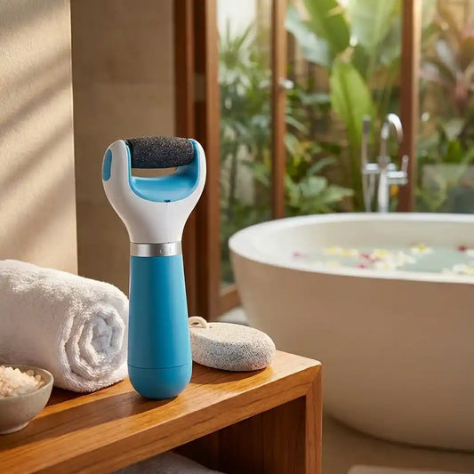 Electronic foot callus remover with blue-and-white handle and dark roller head